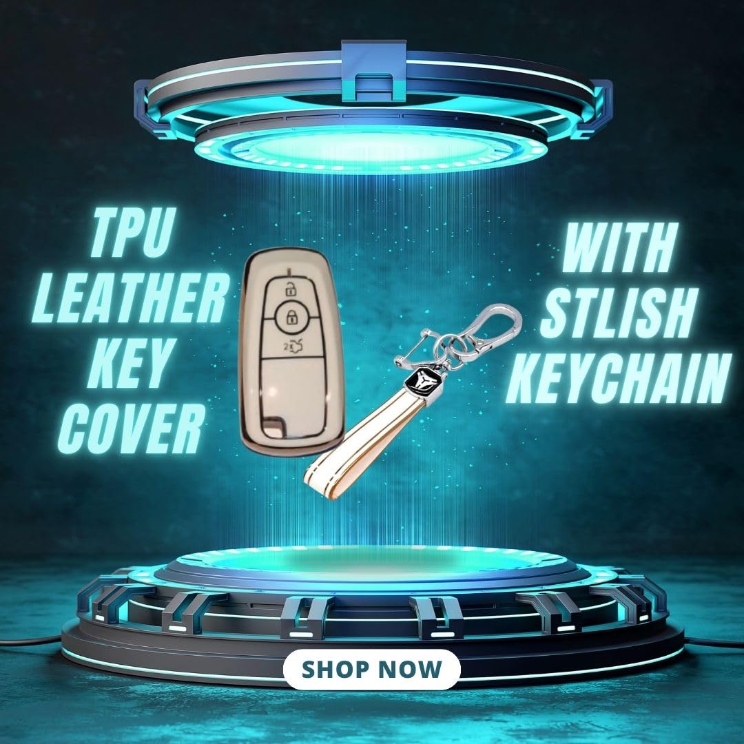 Stylish and Durable Soft TPU Leather Pattern Key Cover for Ford Ecosport, Aspire, Freestyle, and Endeavour Push Button Start Keys: White with Keychain.