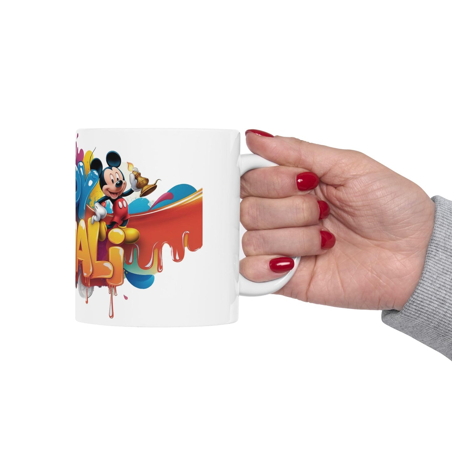 RF REDFOXX Happy Diwali Ceramic Mug with Mickey Mouse Design, Personalized Name & Unique Designs 325 ml (with Free Key Chain)