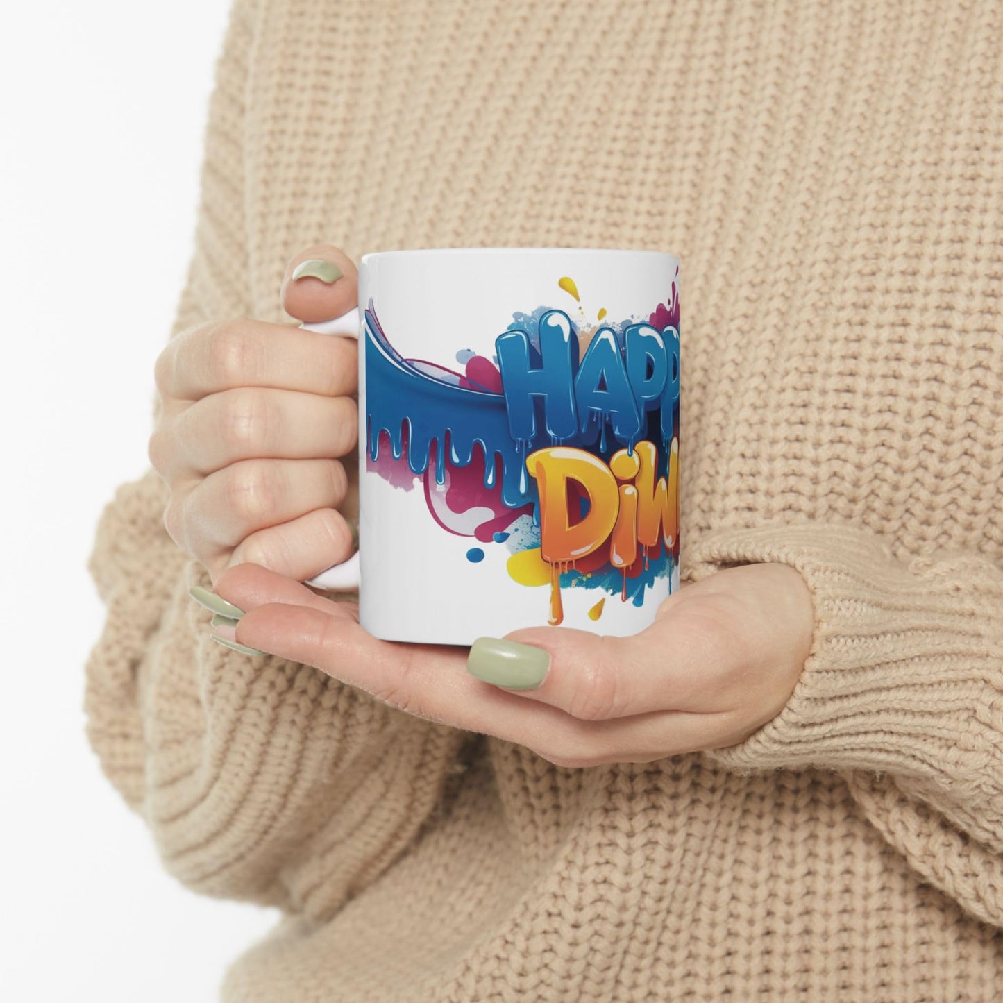 RF REDFOXX Happy Diwali Ceramic Mug with Mickey Mouse Design, Personalized Name & Unique Designs 325 ml (with Free Key Chain)