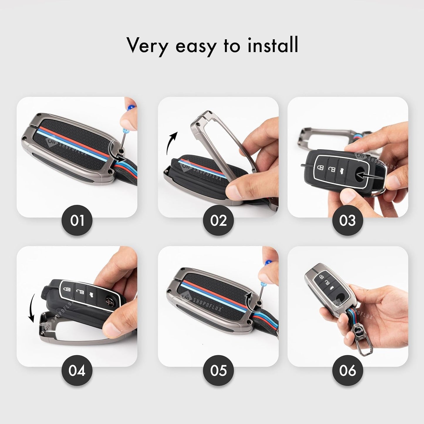 Premium Metal Key Cover Compatible with Ford Ecosport, Fiesta, Figo – 3 Button Flip Key Protector Case – Stylish Zinc Alloy Shell with Durable Protection (Black & Silver).