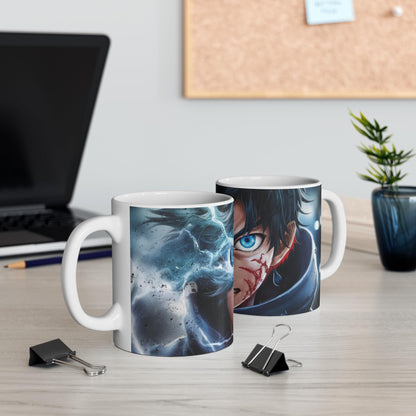 RF REDFOXX Anime Art Ceramic Coffee Mug, 350 ml, White, Premium Design with Blue Lightning Effect