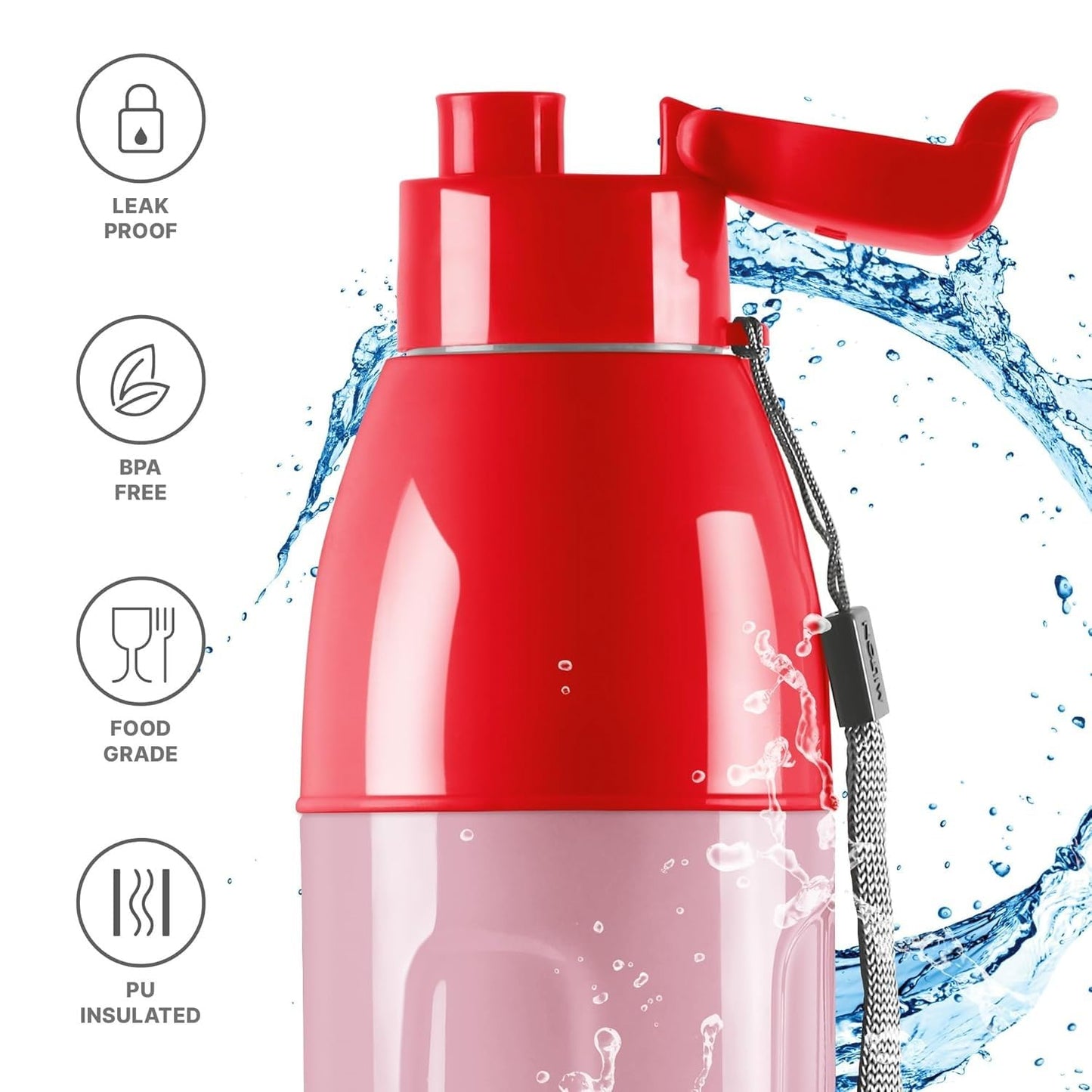 Spare Kool Convex Top Lid Compatible with Milton Kool Convex Water Bottle | Fits 700ml, 900ml & 1100ml | Leak-Proof Replacement Cap | Easy Carry Handle | Red (Only Lid)