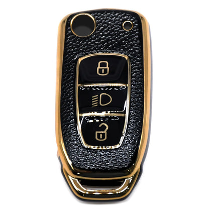 TPU Leather Gold Pattern Key Cover Compatible with Tata D2 Key Cover, Black, Pack of 2