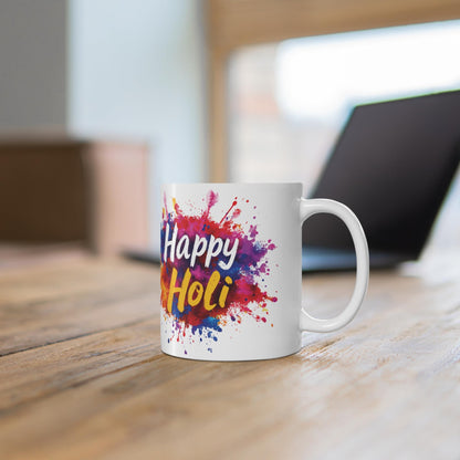 RF REDFOXX Happy Holi Festival Ceramic Coffee Mug, 350 ml, Colourful Splash Design, White