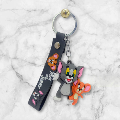 RF REDFOXX Tom and Jerry 3D Rubber Keychain with Strap, Metal Key Ring Car Pendant, Kids Cartoon Character Design