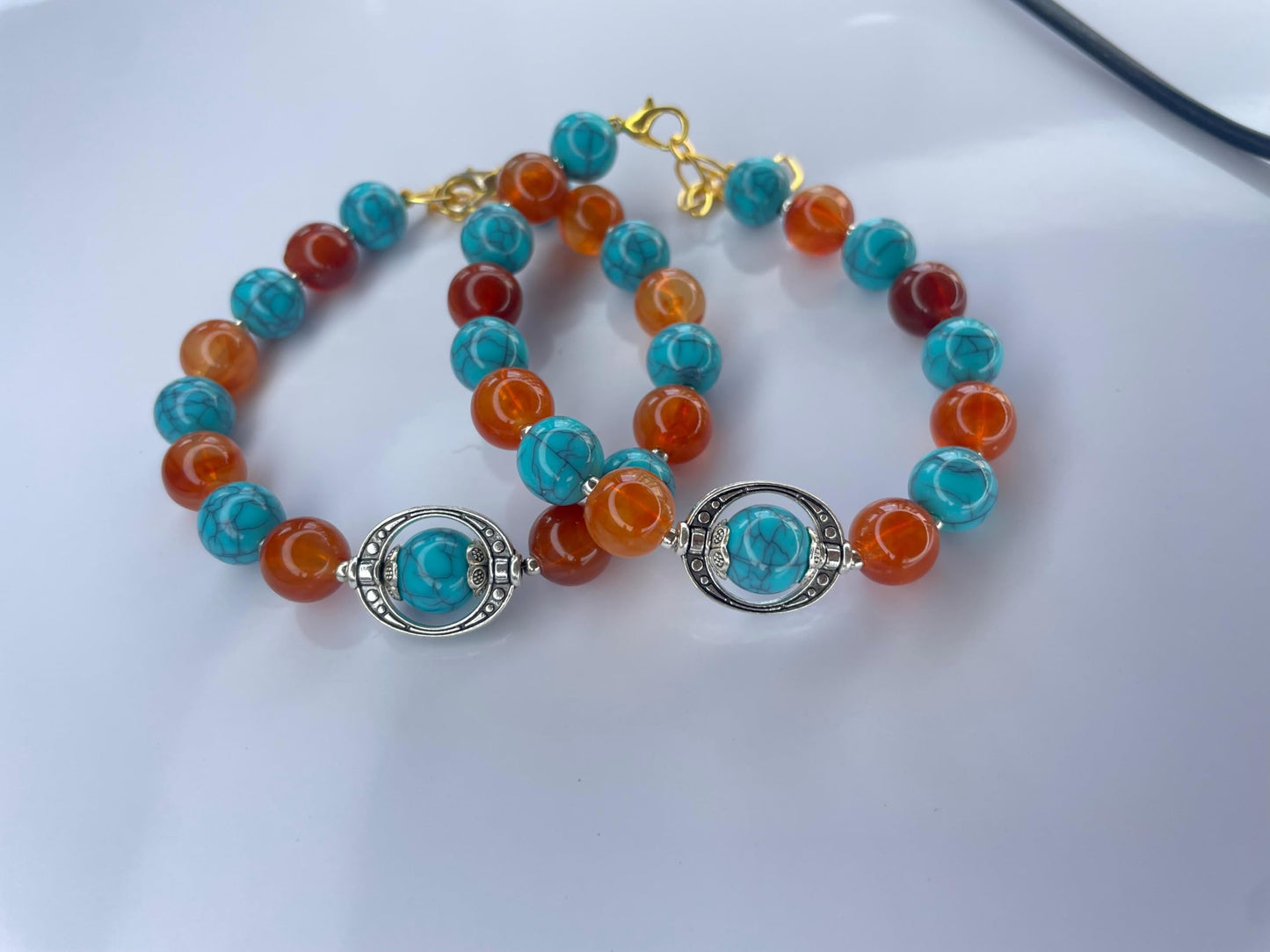 RF REDFOXX Handcrafted Turquoise and Amber Beaded Bracelet, Antique Silver Centrepiece, Gold-Tone Chain