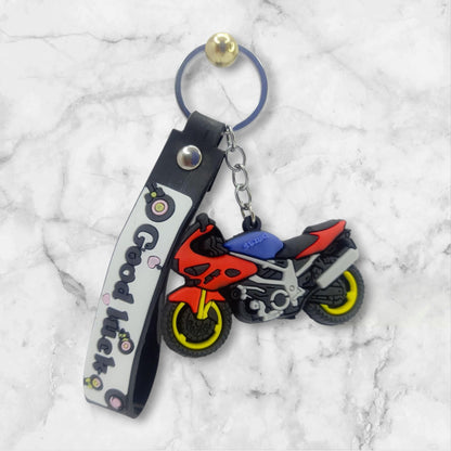 RF REDFOXX Motorcycle Sports Bike Rubber Keychain, Red and Blue Design with Decorative Band