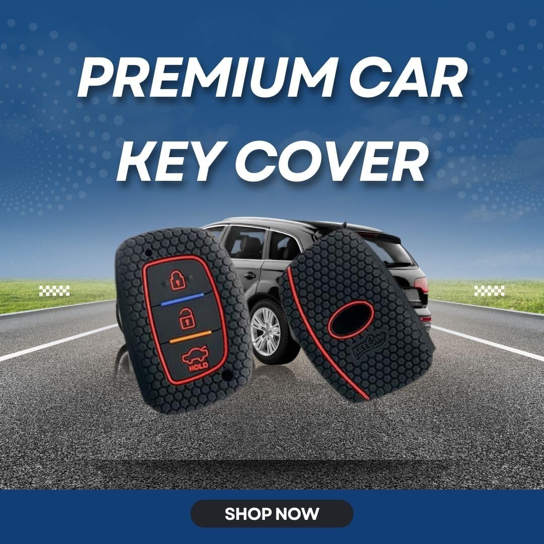 Silicone Key Cover for Elite I20, ActiveI20, Aura, Verrna 4s, Xceent, Tucson, Elantra 3 Button Smart Key (Push Button Start Models only) (Black with KC Mini Black Keyring).