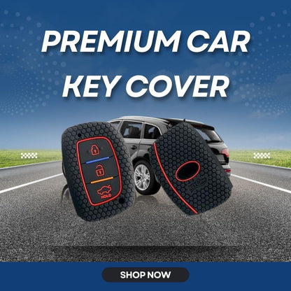 Silicone Key Cover for Elite I20, ActiveI20, Aura, Verrna 4s, Xceent, Tucson, Elantra 3 Button Smart Key (Push Button Start Models only) (Black with KC Mini Black Keyring).