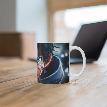 RF REDFOXX Anime Art Ceramic Coffee Mug, 350 ml, White, Premium Design with Blue Lightning Effect