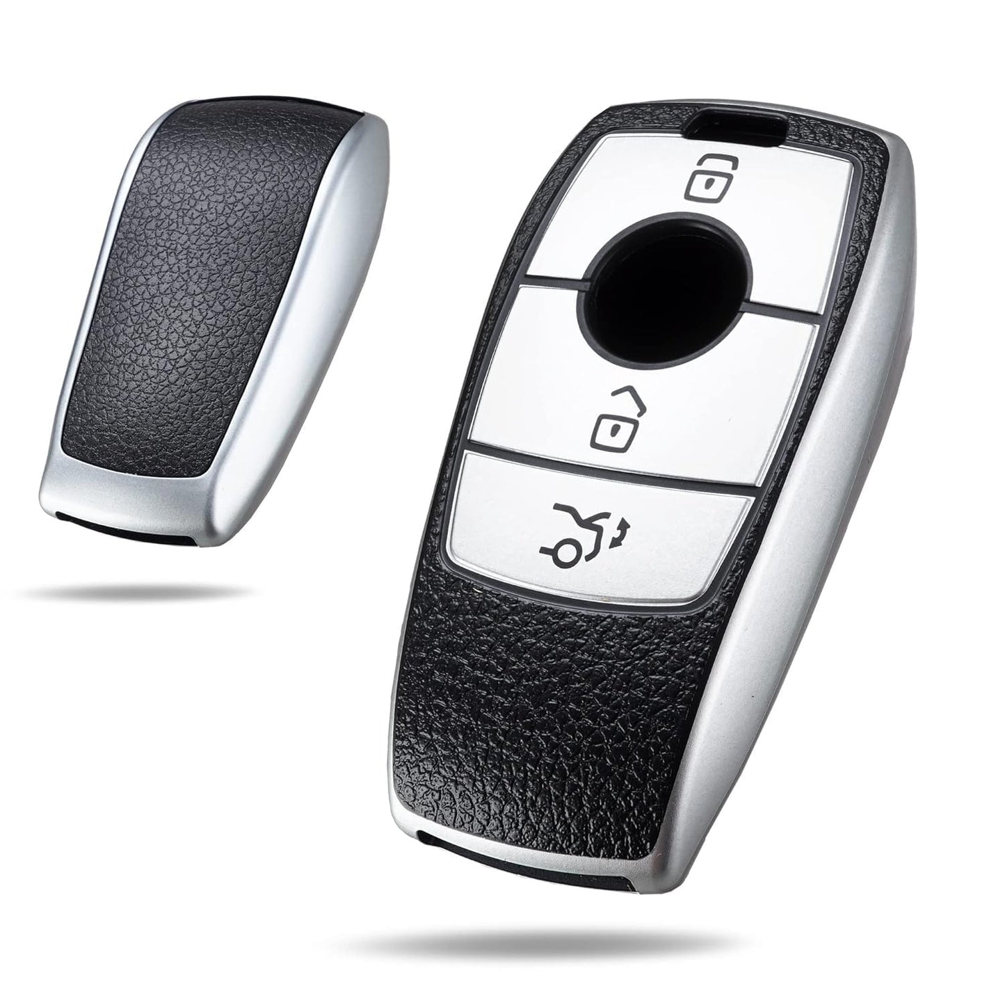 RF REDFOXX Car Key Cover and Keychain Compatible for Mercedes Benz Designed for Benz E Series Smart Key | Car Accessories Personal Style with Silver Cover.