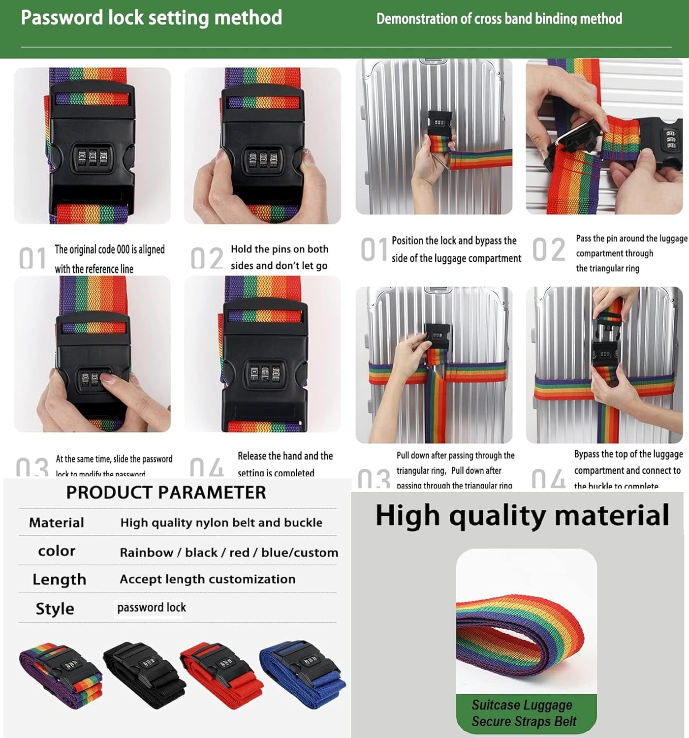 Rainbow Travel Luggage Strap with TSA Combination Lock, Heavy Duty Nylon Security Belt, Adjustable Suitcase Band for Trolley Bags, Model TGLS-001