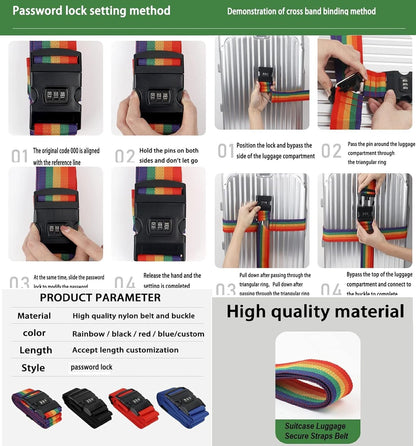 Rainbow Travel Luggage Strap with TSA Combination Lock, Heavy Duty Nylon Security Belt, Adjustable Suitcase Band for Trolley Bags, Model TGLS-001