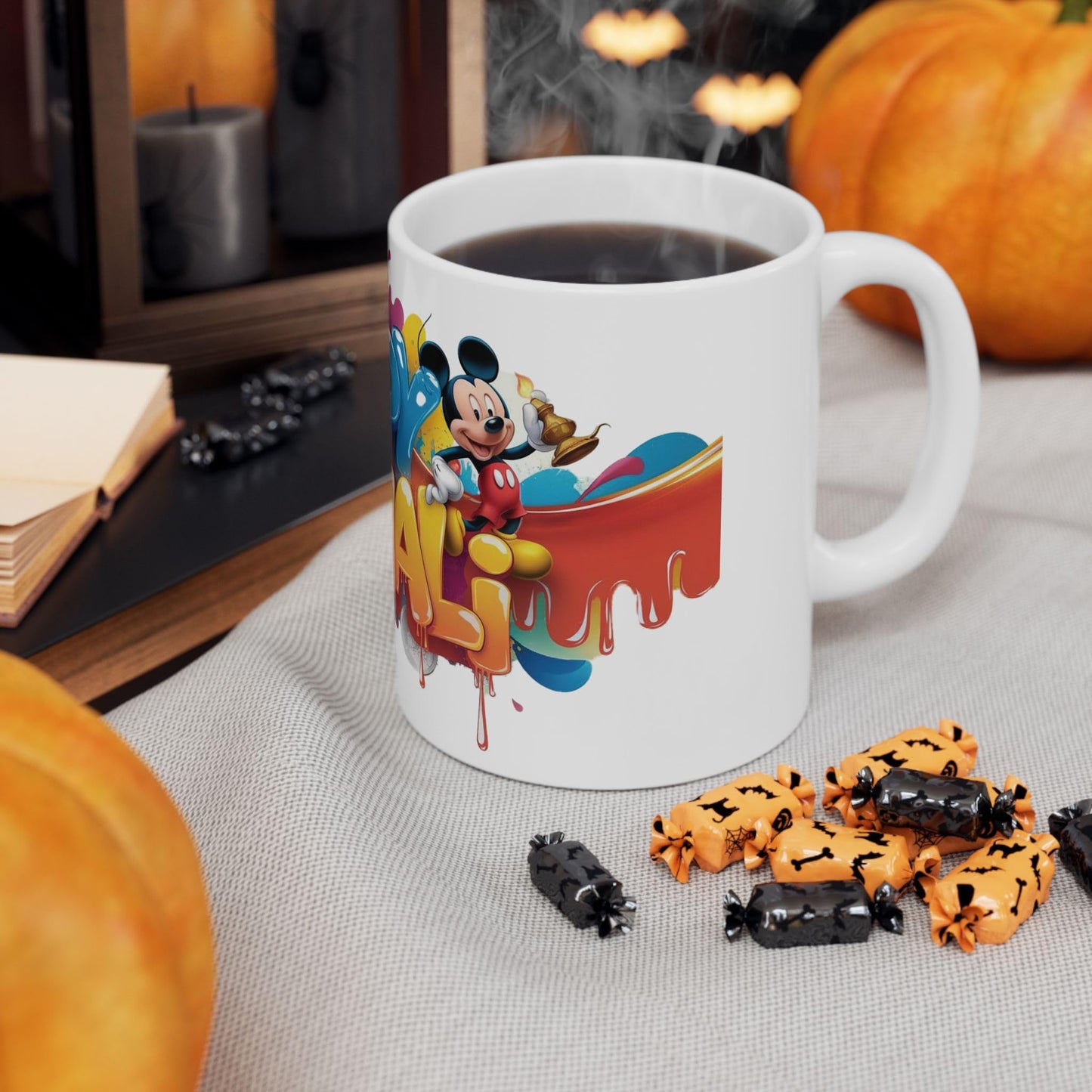 RF REDFOXX Happy Diwali Ceramic Mug with Mickey Mouse Design, Personalized Name & Unique Designs 325 ml (with Free Key Chain)