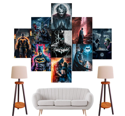 Batman Wall Poster Set – 9 PCS A4 Size (8.3" x 11.7") – Premium 180 GSM Superhero Art Prints with Adhesive Tape – DC Comics Wall Decor for Bedroom, Living Room & Office – Unframed Dark Knight Collection