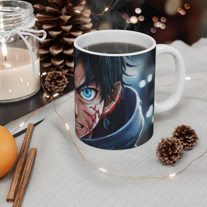 RF REDFOXX Anime Art Ceramic Coffee Mug, 350 ml, White, Premium Design with Blue Lightning Effect