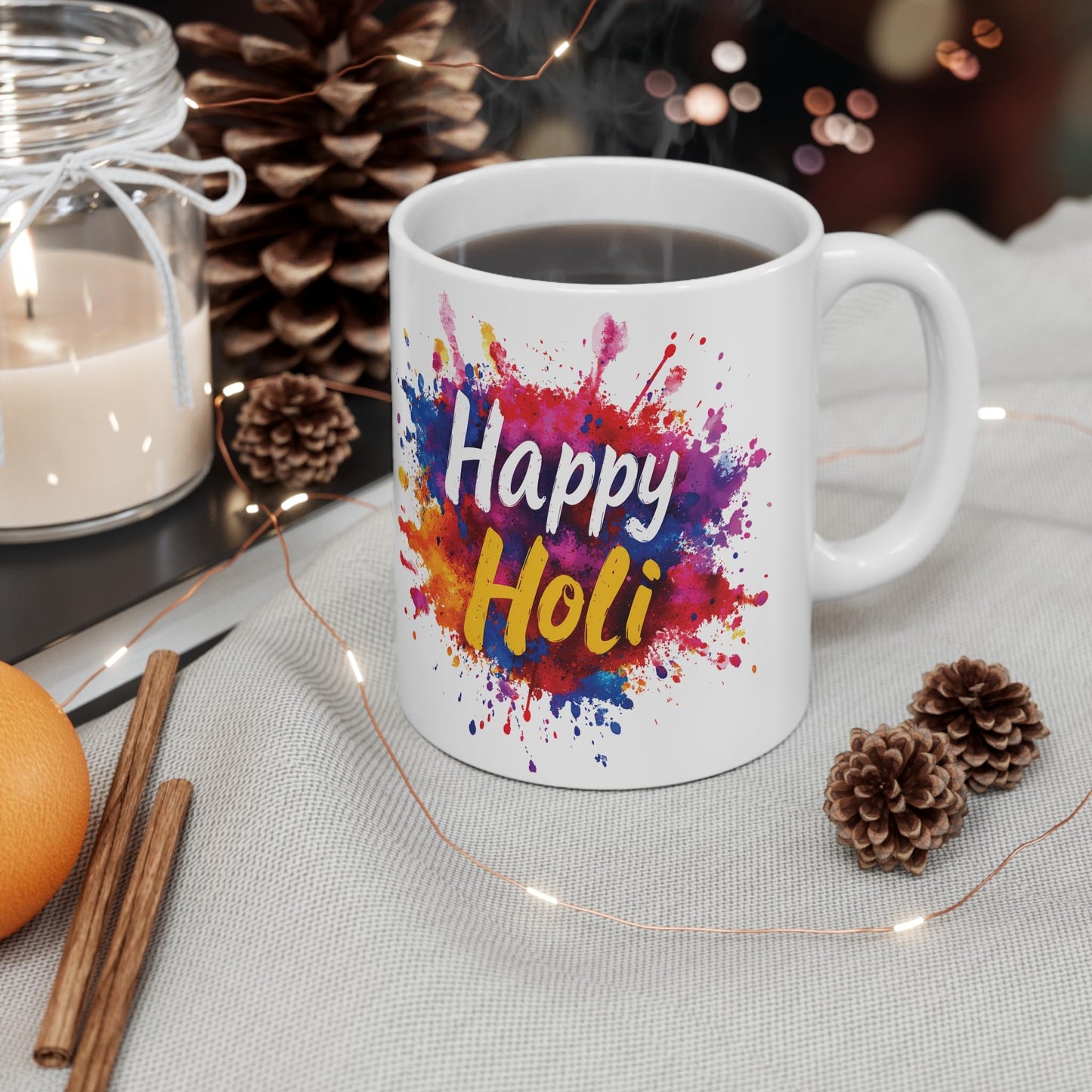 RF REDFOXX Happy Holi Festival Ceramic Coffee Mug, 350 ml, Colourful Splash Design, White