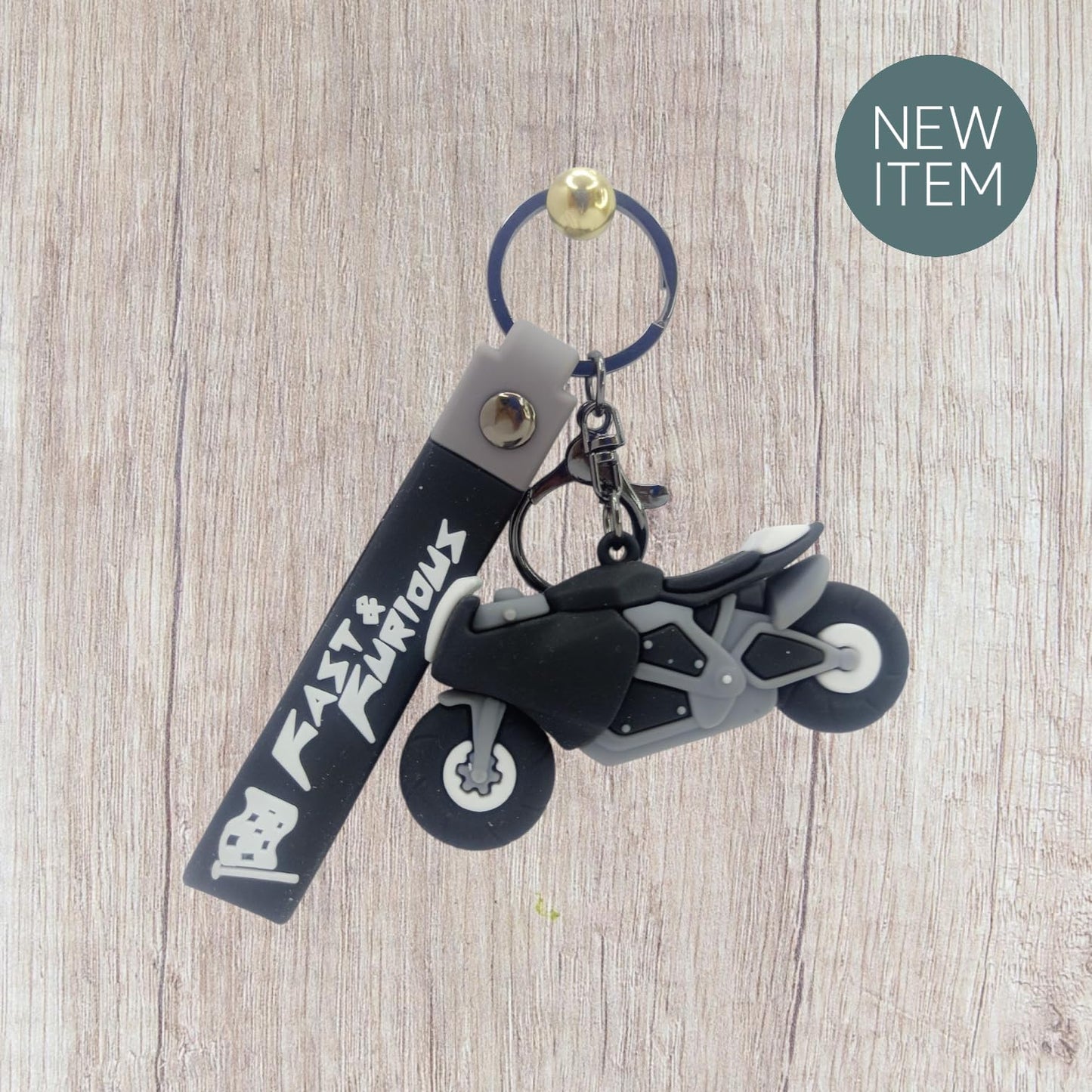 RF REDFOXX Fast & Furious Motorcycle Keychain, 3D Rubber Sports Bike Design, Black and Grey