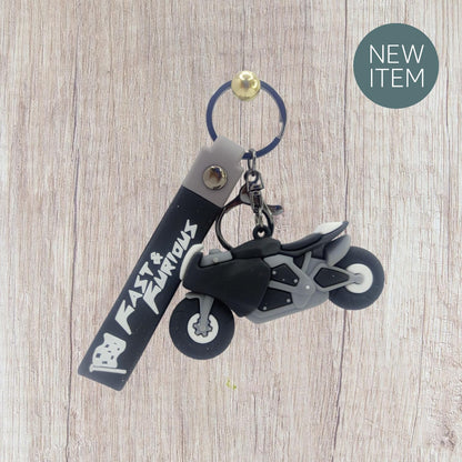 RF REDFOXX Fast & Furious Motorcycle Keychain, 3D Rubber Sports Bike Design, Black and Grey