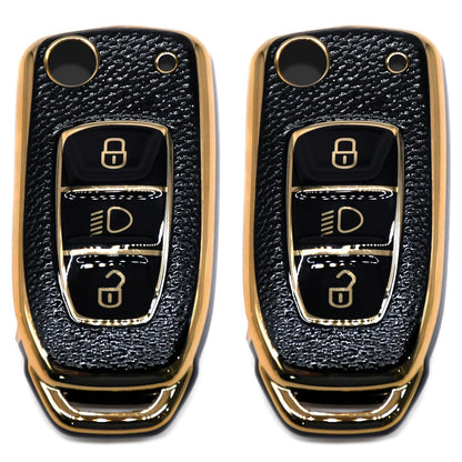 TPU Leather Gold Pattern Key Cover Compatible with Tata D2 Key Cover, Black, Pack of 2