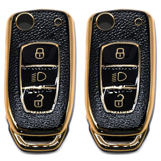 TPU Leather Gold Pattern Key Cover Compatible with Tata D2 Key Cover, Black, Pack of 2