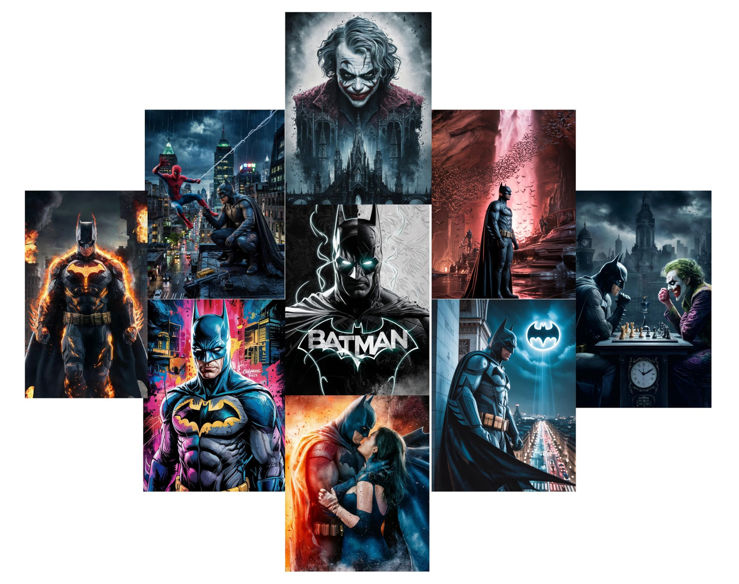 Batman Wall Poster Set – 9 PCS A4 Size (8.3" x 11.7") – Premium 180 GSM Superhero Art Prints with Adhesive Tape – DC Comics Wall Decor for Bedroom, Living Room & Office – Unframed Dark Knight Collection