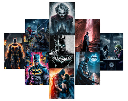 Batman Wall Poster Set – 9 PCS A4 Size (8.3" x 11.7") – Premium 180 GSM Superhero Art Prints with Adhesive Tape – DC Comics Wall Decor for Bedroom, Living Room & Office – Unframed Dark Knight Collection