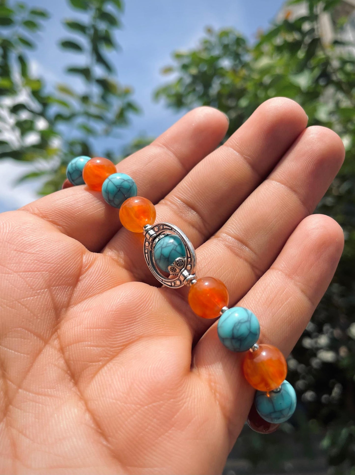 RF REDFOXX Handcrafted Turquoise and Amber Beaded Bracelet, Antique Silver Centrepiece, Gold-Tone Chain