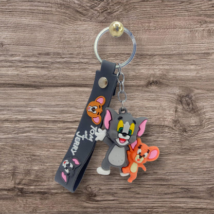 RF REDFOXX Tom and Jerry 3D Rubber Keychain with Strap, Metal Key Ring Car Pendant, Kids Cartoon Character Design
