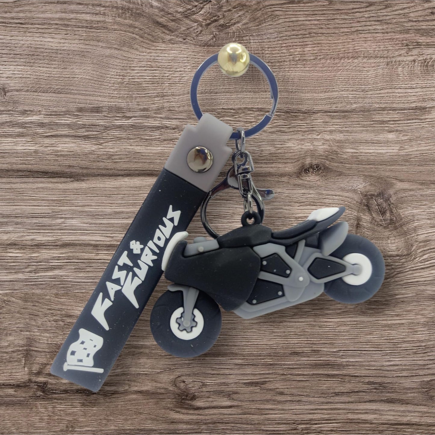 RF REDFOXX Fast & Furious Motorcycle Keychain, 3D Rubber Sports Bike Design, Black and Grey