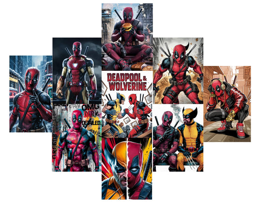 RF REDFOXX Deadpool & Wolverine Wall Poster Set – 9 PCS A4 Size (8.3" x 11.7") – Premium 210 GSM Comic Book Style Marvel Art Prints for Living Room, Bedroom & Office – Unframed Superhero Wall Decor